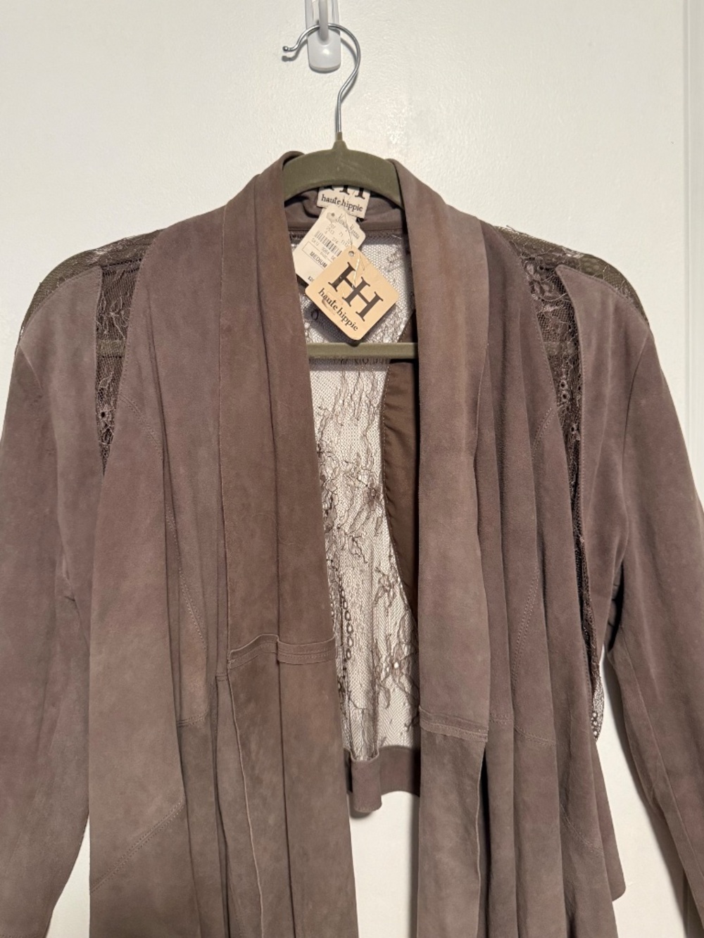 NWT Haute Hippie Suede Lace Open Front Cropped Jacket Size Medium Gray - Picture 2 of 14